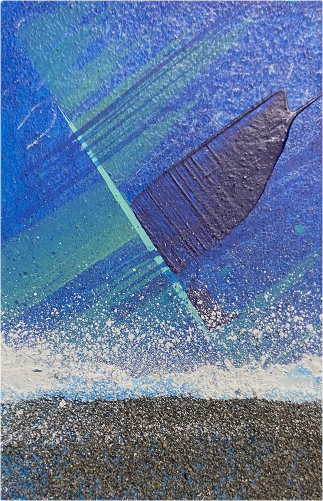 Original artwork from the “Mykonos” series, individually hand-painted and textured by 2CarryOn, incorporates raw, natural sand from the beaches of Mykonos.