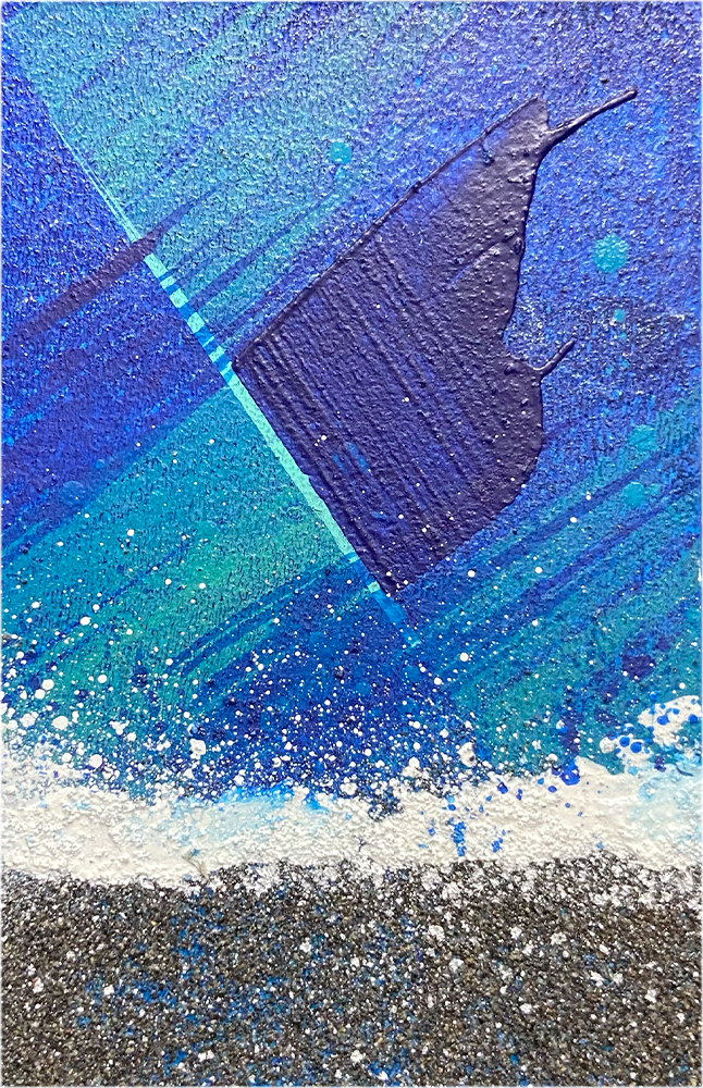 Original artwork from the “Mykonos” series, individually hand-painted and textured by 2CarryOn, incorporates raw, natural sand from the beaches of Mykonos.